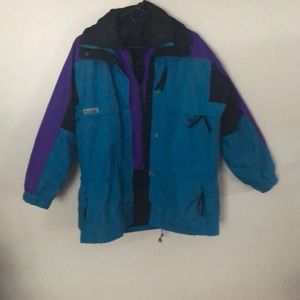 Columbia winter jacket, teal/purple/black, women M